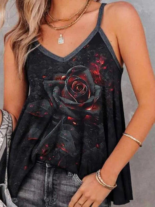 Loose Rose Pattern Sleeveless Tank Top - Tank Tops - INS | Online Fashion Free Shipping Clothing, Dresses, Tops, Shoes - 03/06/2021 - Color_Black - Season_Summer