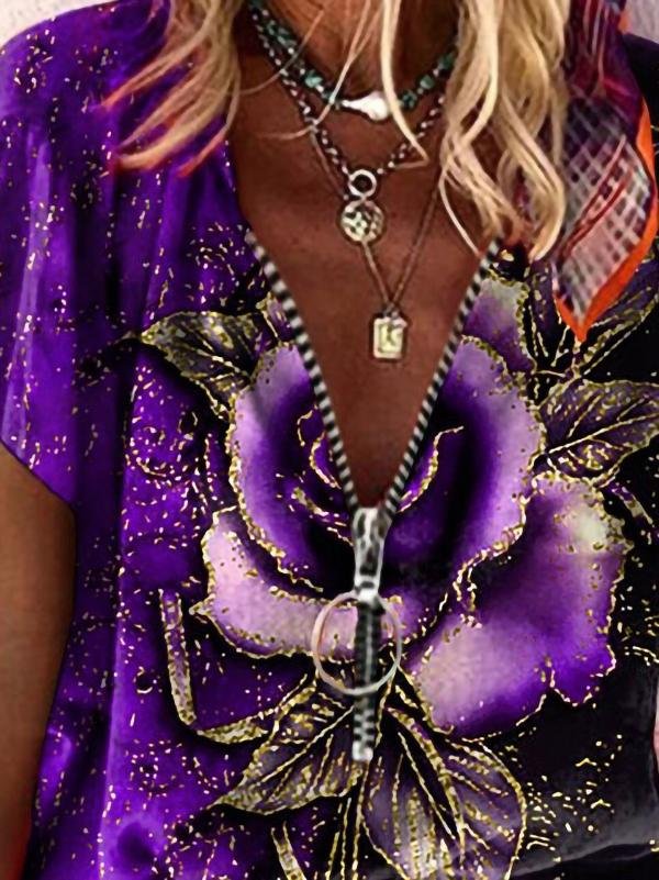 Loose Rose Print V-neck T-shirt - T-shirts - INS | Online Fashion Free Shipping Clothing, Dresses, Tops, Shoes - 15/06/2021 - Color_Black - Color_Blue