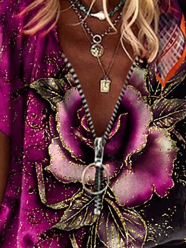 Loose Rose Print V-neck T-shirt - T-shirts - INS | Online Fashion Free Shipping Clothing, Dresses, Tops, Shoes - 15/06/2021 - Color_Black - Color_Blue