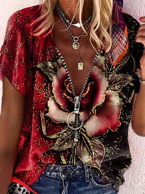 Loose Rose Print V-neck T-shirt - T-shirts - INS | Online Fashion Free Shipping Clothing, Dresses, Tops, Shoes - 15/06/2021 - Color_Black - Color_Blue