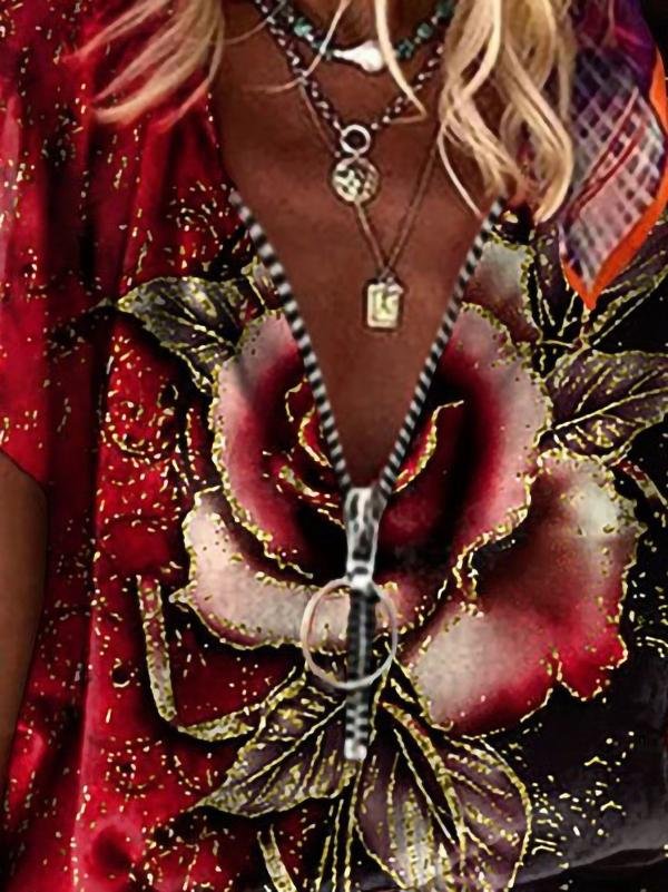 Loose Rose Print V-neck T-shirt - T-shirts - INS | Online Fashion Free Shipping Clothing, Dresses, Tops, Shoes - 15/06/2021 - Color_Black - Color_Blue