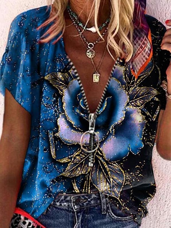 Loose Rose Print V-neck T-shirt - T-shirts - INS | Online Fashion Free Shipping Clothing, Dresses, Tops, Shoes - 15/06/2021 - Color_Black - Color_Blue