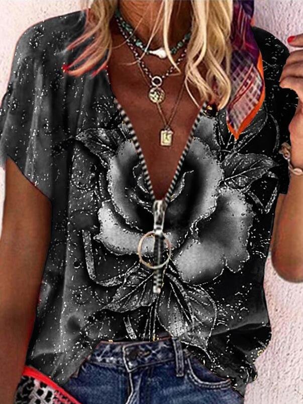 Loose Rose Print V-neck T-shirt - T-shirts - INS | Online Fashion Free Shipping Clothing, Dresses, Tops, Shoes - 15/06/2021 - Color_Black - Color_Blue