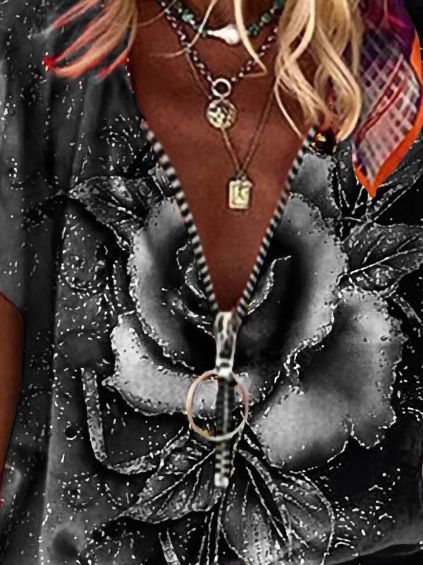 Loose Rose Print V-neck T-shirt - T-shirts - INS | Online Fashion Free Shipping Clothing, Dresses, Tops, Shoes - 15/06/2021 - Color_Black - Color_Blue