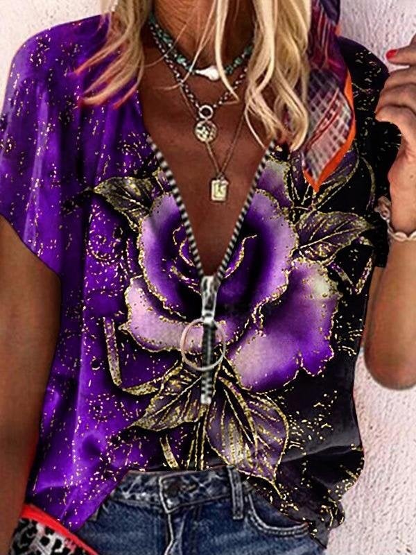 Loose Rose Print V-neck T-shirt - T-shirts - INS | Online Fashion Free Shipping Clothing, Dresses, Tops, Shoes - 15/06/2021 - Color_Black - Color_Blue