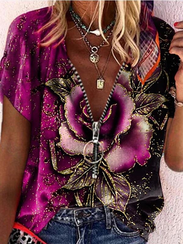 Loose Rose Print V-neck T-shirt - T-shirts - INS | Online Fashion Free Shipping Clothing, Dresses, Tops, Shoes - 15/06/2021 - Color_Black - Color_Blue