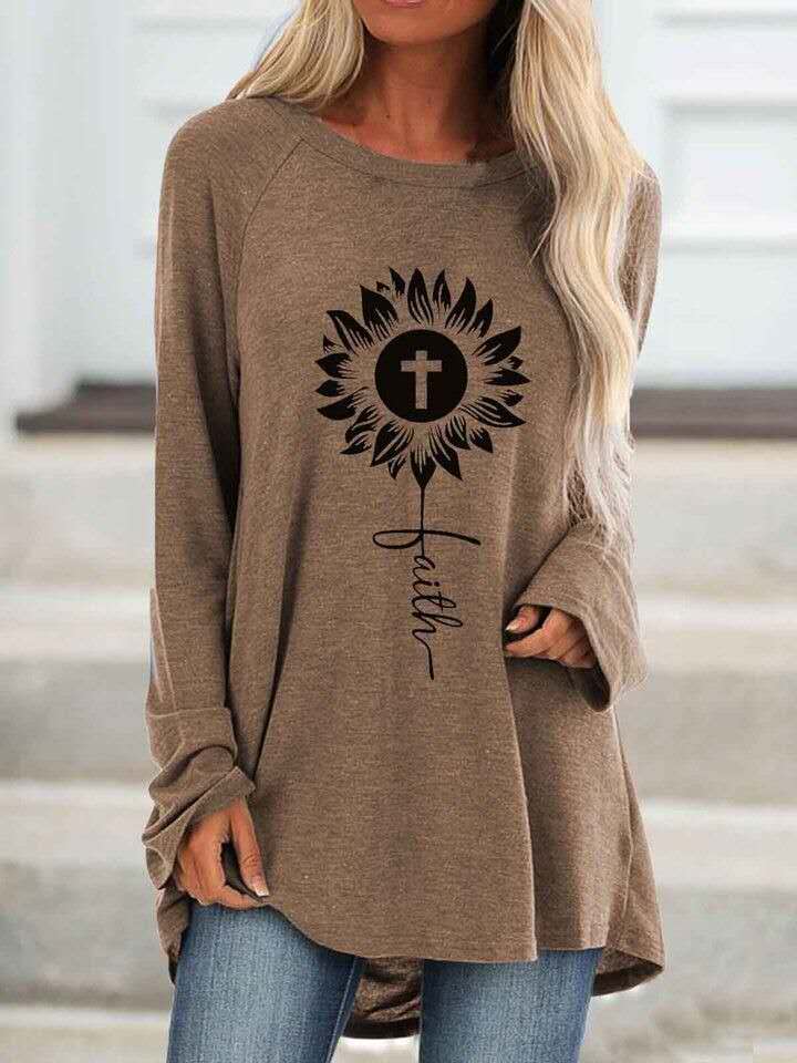 Loose Round Neck Cross Print Long Sleeve T-Shirt - T-Shirts - INS | Online Fashion Free Shipping Clothing, Dresses, Tops, Shoes - 10-20 - 30/06/2021 - Category_T-Shirts