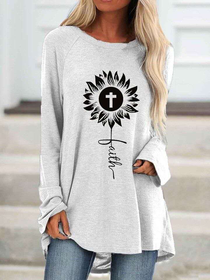 Loose Round Neck Cross Print Long Sleeve T-Shirt - T-Shirts - INS | Online Fashion Free Shipping Clothing, Dresses, Tops, Shoes - 10-20 - 30/06/2021 - Category_T-Shirts