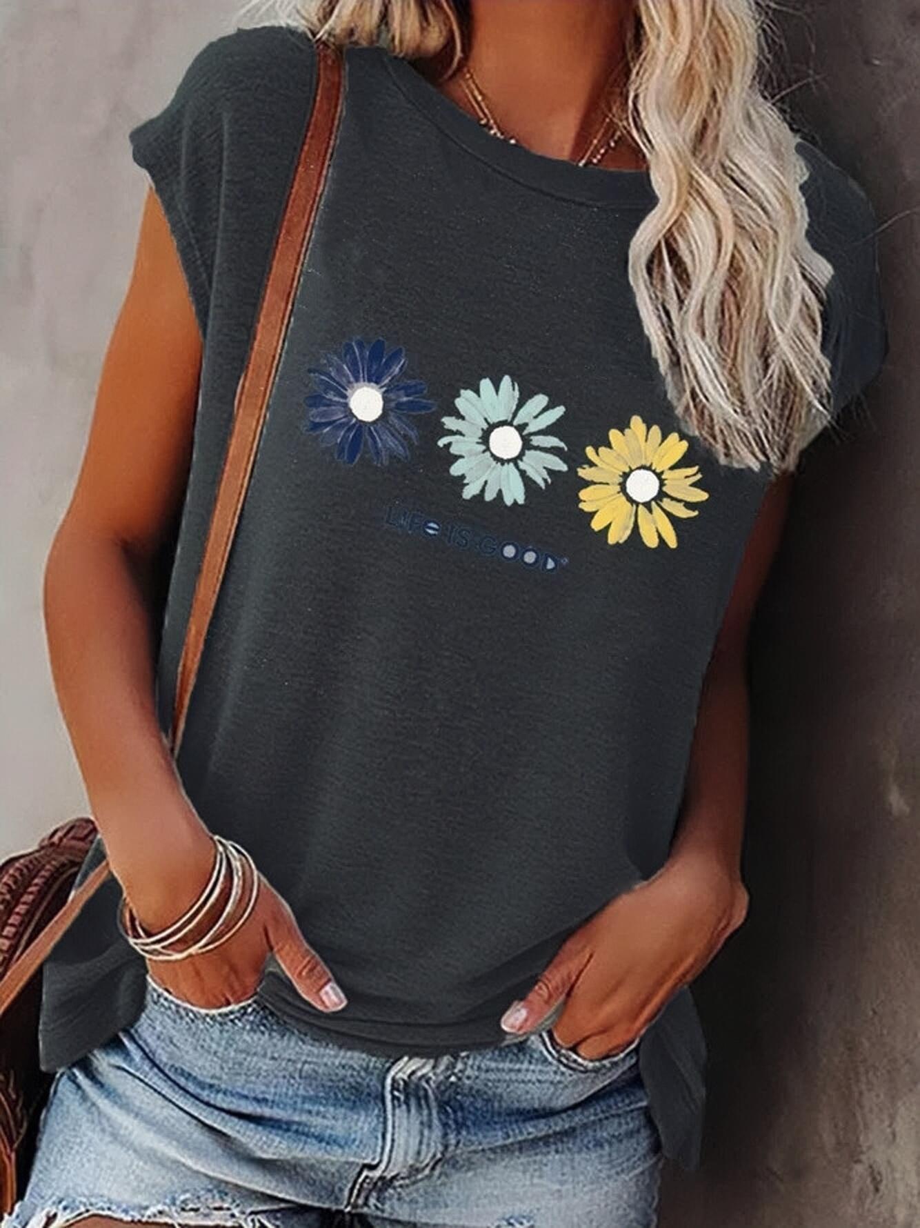 Loose Round Neck Floral Print Short Sleeve T-Shirt - T-Shirts - INS | Online Fashion Free Shipping Clothing, Dresses, Tops, Shoes - 10-20 - 22/06/2021 - Category_T-Shirts