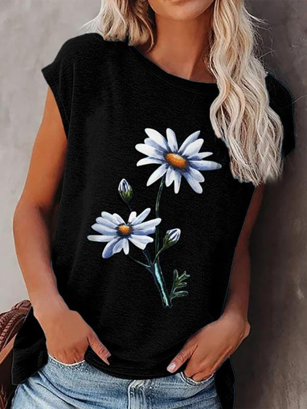 Loose Round Neck Floral Print Short-sleeved T-shirt - T-Shirts - INS | Online Fashion Free Shipping Clothing, Dresses, Tops, Shoes - 05/18/2021 - Category_T-Shirts - Color_Black