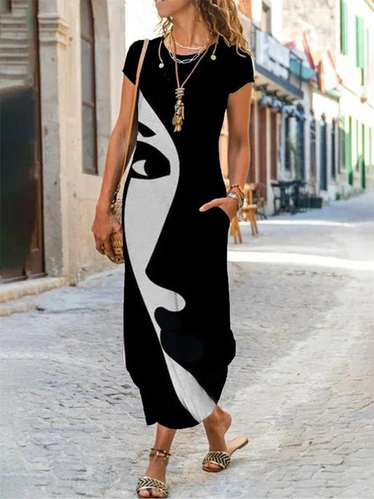 Loose Round Neck Short Sleeve Face Print Dress - Maxi Dresses - INS | Online Fashion Free Shipping Clothing, Dresses, Tops, Shoes - 06/07/2021 - 20-30 - Category_Maxi Dresses