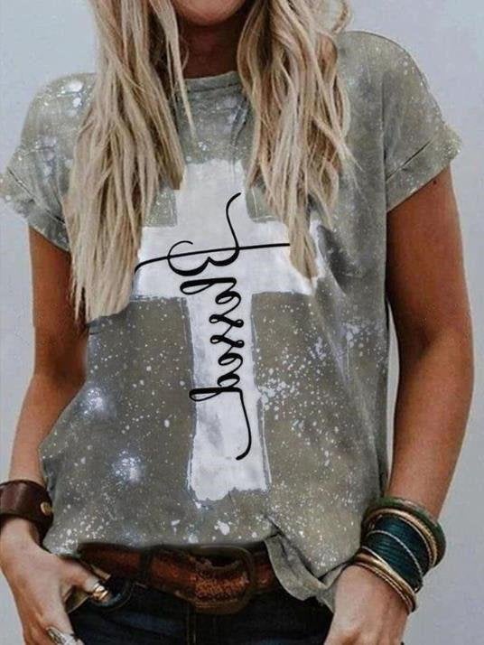 Loose Round Neck Short-sleeved Cross Print T-shirt - T-shirts - INS | Online Fashion Free Shipping Clothing, Dresses, Tops, Shoes - 08/06/2021 - Color_Brown - Color_Gray