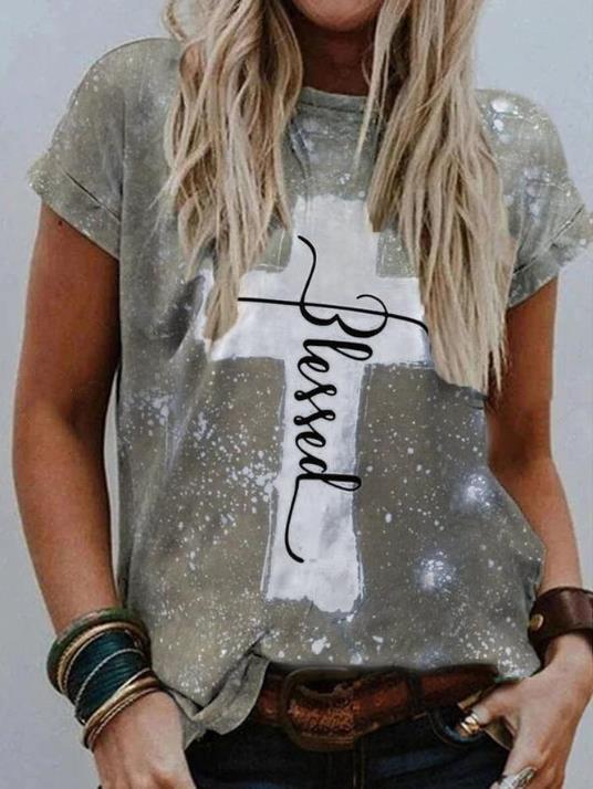 Loose Round Neck Short-sleeved Cross Print T-shirt - T-shirts - INS | Online Fashion Free Shipping Clothing, Dresses, Tops, Shoes - 08/06/2021 - Color_Brown - Color_Gray