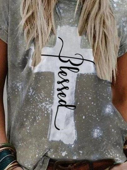 Loose Round Neck Short-sleeved Cross Print T-shirt - T-shirts - INS | Online Fashion Free Shipping Clothing, Dresses, Tops, Shoes - 08/06/2021 - Color_Brown - Color_Gray