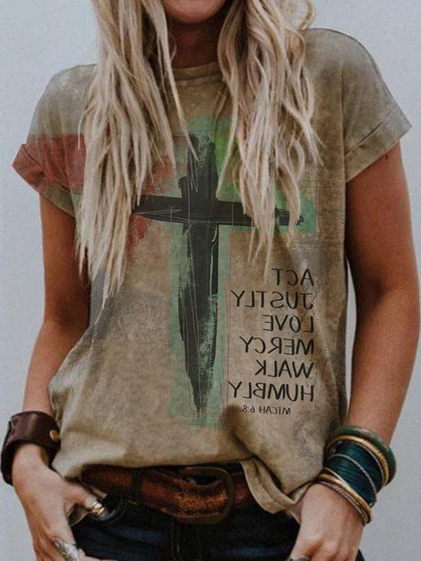 Loose Round Neck Short-sleeved Cross Print T-shirt - T-shirts - INS | Online Fashion Free Shipping Clothing, Dresses, Tops, Shoes - 08/06/2021 - Color_Brown - Color_Gray