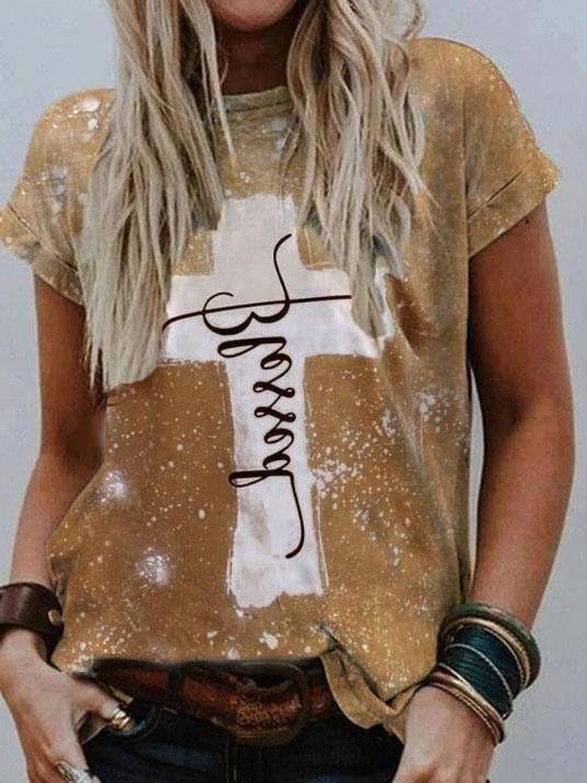 Loose Round Neck Short-sleeved Cross Print T-shirt - T-shirts - INS | Online Fashion Free Shipping Clothing, Dresses, Tops, Shoes - 08/06/2021 - Color_Brown - Color_Gray