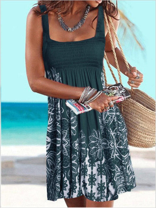 Loose Rubber Floral Sling Sleeveless Skirt - Mini Dresses - INS | Online Fashion Free Shipping Clothing, Dresses, Tops, Shoes - 02/06/2021 - Color_Gray - Color_Green