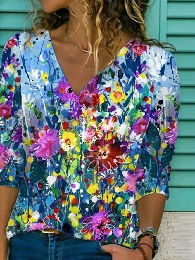 Loose Short Sleeve V-Neck Bohemian T-Shirt - T-Shirts - INS | Online Fashion Free Shipping Clothing, Dresses, Tops, Shoes - 20-30 - 25/06/2021 - Category_T-Shirts