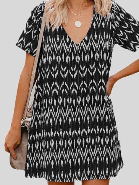 Loose Short Sleeve V-neck Print Dress - Mini Dresses - INS | Online Fashion Free Shipping Clothing, Dresses, Tops, Shoes - 04/06/2021 - Category_Mini Dresses - Color_Black