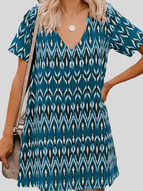 Loose Short Sleeve V-neck Print Dress - Mini Dresses - INS | Online Fashion Free Shipping Clothing, Dresses, Tops, Shoes - 04/06/2021 - Category_Mini Dresses - Color_Black