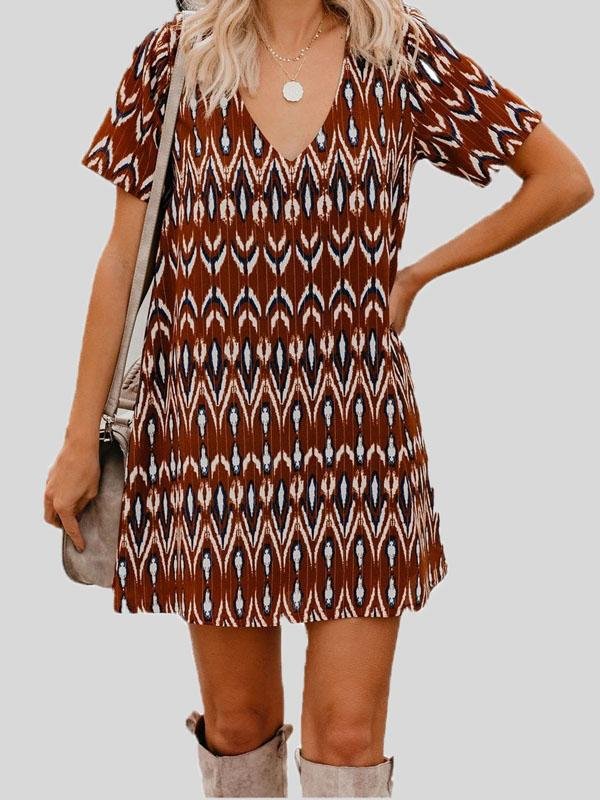 Loose Short Sleeve V-neck Print Dress - Mini Dresses - INS | Online Fashion Free Shipping Clothing, Dresses, Tops, Shoes - 04/06/2021 - Category_Mini Dresses - Color_Black