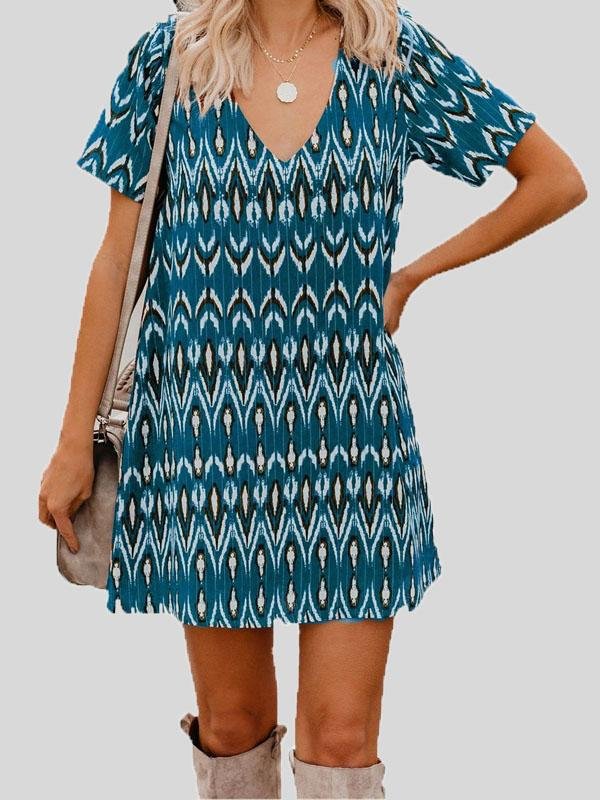 Loose Short Sleeve V-neck Print Dress - Mini Dresses - INS | Online Fashion Free Shipping Clothing, Dresses, Tops, Shoes - 04/06/2021 - Category_Mini Dresses - Color_Black