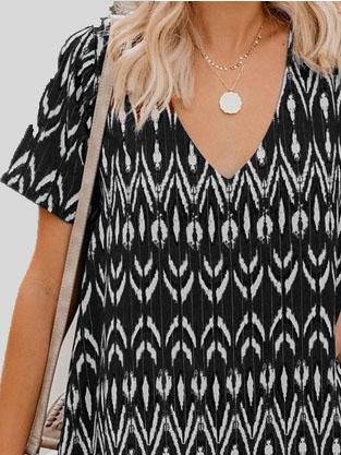 Loose Short Sleeve V-neck Print Dress - Mini Dresses - INS | Online Fashion Free Shipping Clothing, Dresses, Tops, Shoes - 04/06/2021 - Category_Mini Dresses - Color_Black