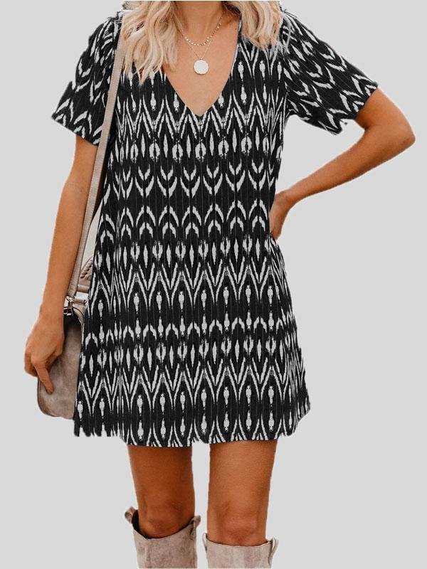 Loose Short Sleeve V-neck Print Dress - Mini Dresses - INS | Online Fashion Free Shipping Clothing, Dresses, Tops, Shoes - 04/06/2021 - Category_Mini Dresses - Color_Black