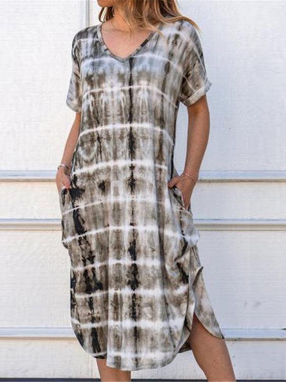 Loose Short Sleeve V-neck Print Mini Dresses - Midi Dresses - INS | Online Fashion Free Shipping Clothing, Dresses, Tops, Shoes - 07/06/2021 - Color_Blue - Color_Gray