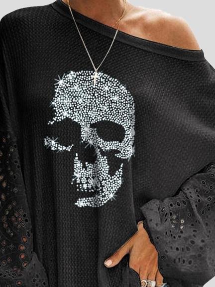 Loose Skull Printed Lace Stitching T-shirt - T-shirts - INS | Online Fashion Free Shipping Clothing, Dresses, Tops, Shoes - 15/06/2021 - Color_Black - Color_Blue