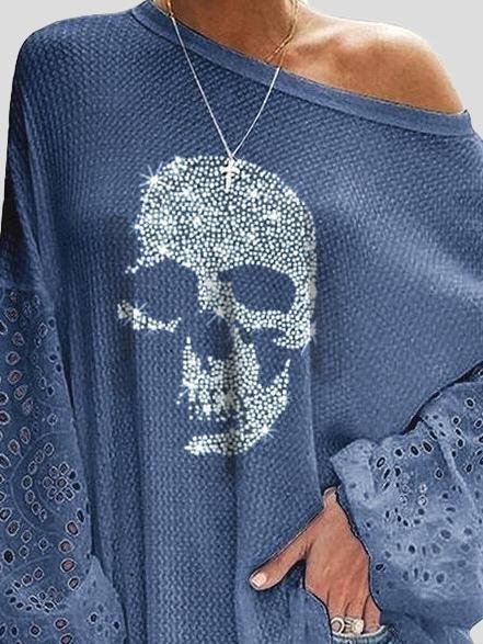 Loose Skull Printed Lace Stitching T-shirt - T-shirts - INS | Online Fashion Free Shipping Clothing, Dresses, Tops, Shoes - 15/06/2021 - Color_Black - Color_Blue