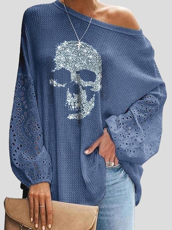 Loose Skull Printed Lace Stitching T-shirt - T-shirts - INS | Online Fashion Free Shipping Clothing, Dresses, Tops, Shoes - 15/06/2021 - Color_Black - Color_Blue