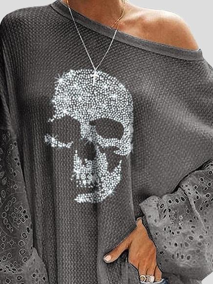 Loose Skull Printed Lace Stitching T-shirt - T-shirts - INS | Online Fashion Free Shipping Clothing, Dresses, Tops, Shoes - 15/06/2021 - Color_Black - Color_Blue