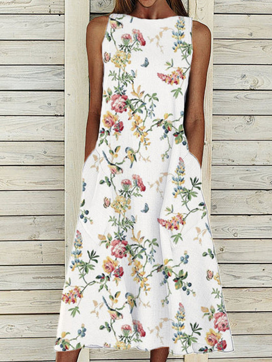 Loose Sleeveless Pocket Round Neck Print Dress - Midi Dresses - INS | Online Fashion Free Shipping Clothing, Dresses, Tops, Shoes - 08/06/2021 - Color_White - DRE2106080196
