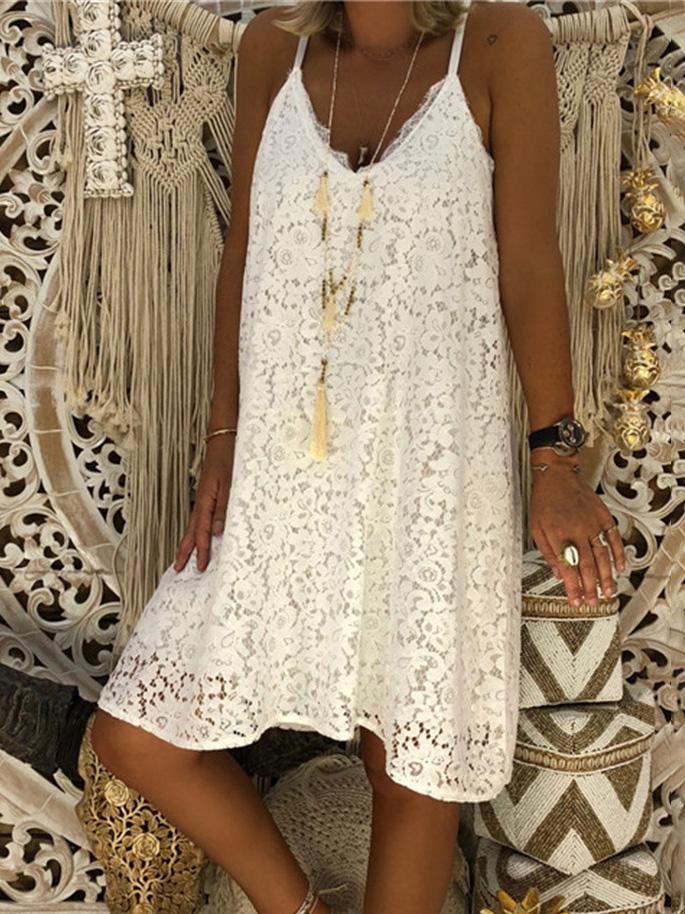 Loose Sleeveless V-Neck Sling Lace Dress - Mini Dresses - INS | Online Fashion Free Shipping Clothing, Dresses, Tops, Shoes - 10-20 - 19/07/2021 - Category_Mini Dresses