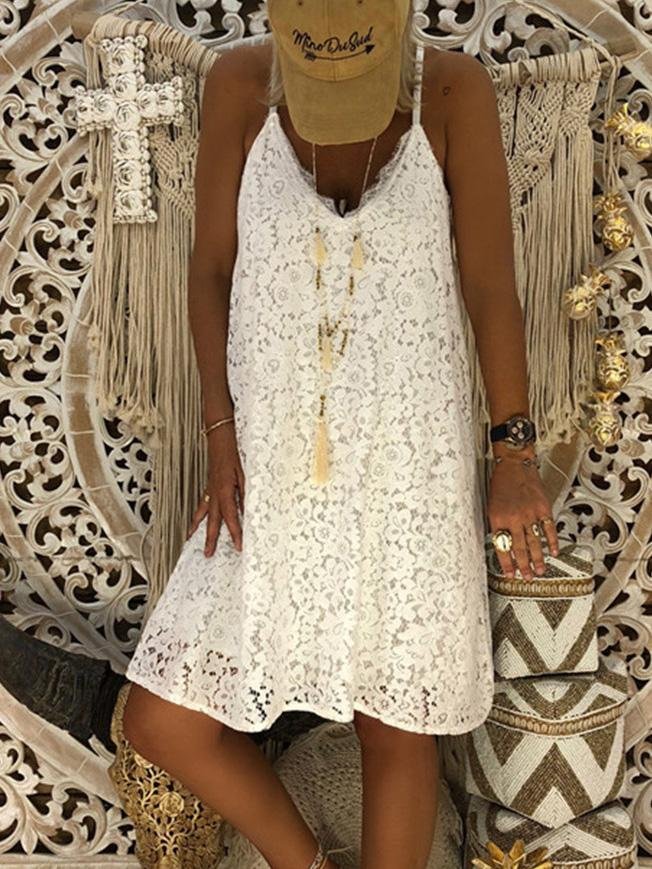 Loose Sleeveless V-Neck Sling Lace Dress - Mini Dresses - INS | Online Fashion Free Shipping Clothing, Dresses, Tops, Shoes - 10-20 - 19/07/2021 - Category_Mini Dresses