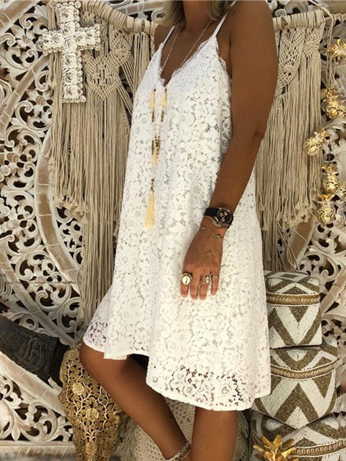 Loose Sleeveless V-Neck Sling Lace Dress - Mini Dresses - INS | Online Fashion Free Shipping Clothing, Dresses, Tops, Shoes - 10-20 - 19/07/2021 - Category_Mini Dresses