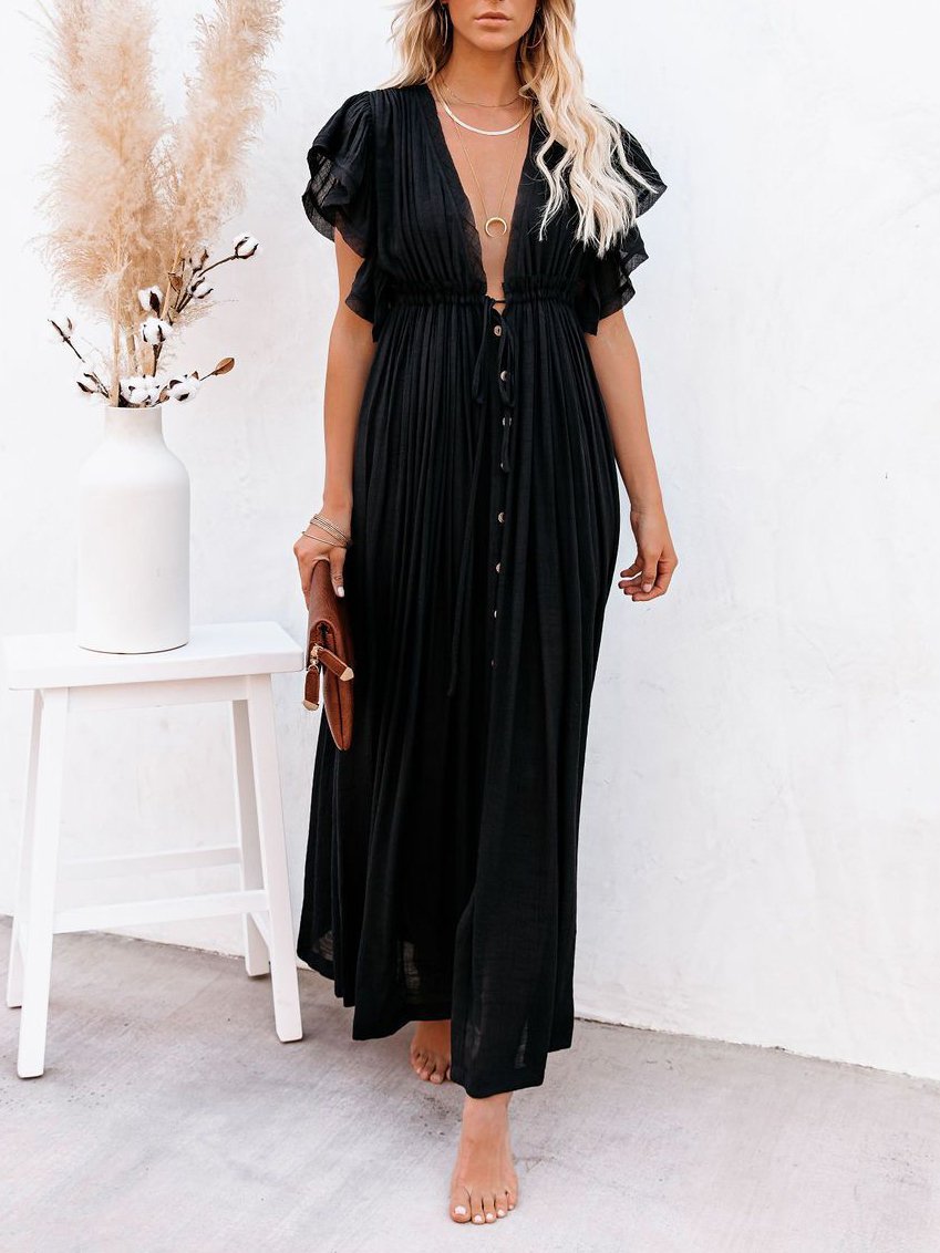 Loose Solid Color Flared Sleeve Shirt Dress - Maxi Dresses - INS | Online Fashion Free Shipping Clothing, Dresses, Tops, Shoes - 01/06/2021 - Color_Black - Color_Green