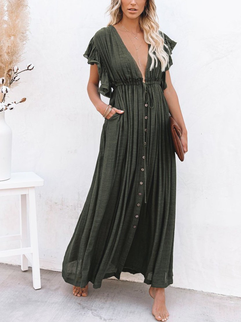 Loose Solid Color Flared Sleeve Shirt Dress - Maxi Dresses - INS | Online Fashion Free Shipping Clothing, Dresses, Tops, Shoes - 01/06/2021 - Color_Black - Color_Green