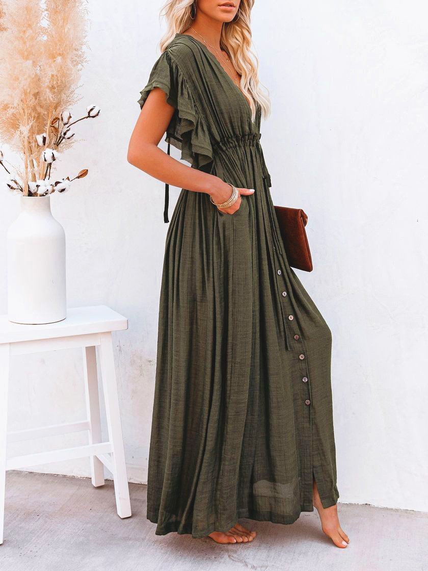 Loose Solid Color Flared Sleeve Shirt Dress - Maxi Dresses - INS | Online Fashion Free Shipping Clothing, Dresses, Tops, Shoes - 01/06/2021 - Color_Black - Color_Green