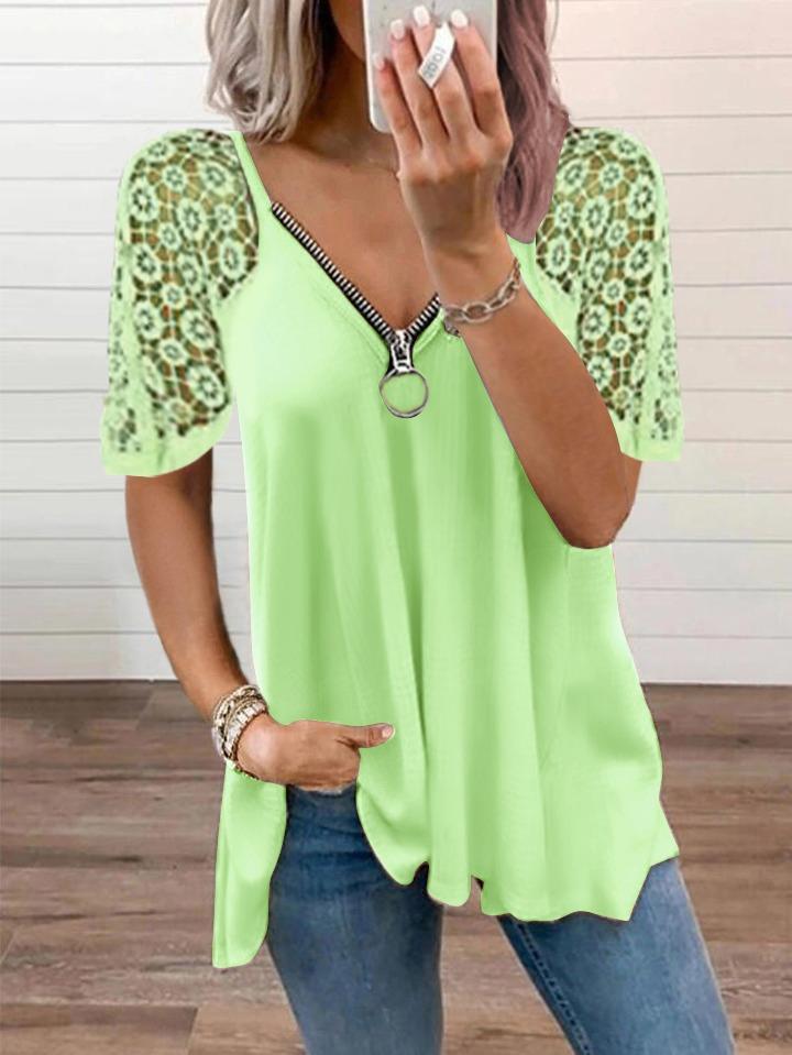 Loose Solid Color Lace Stitching T-shirt - T-shirts - INS | Online Fashion Free Shipping Clothing, Dresses, Tops, Shoes - 03/06/2021 - Color_Blue - Color_Green