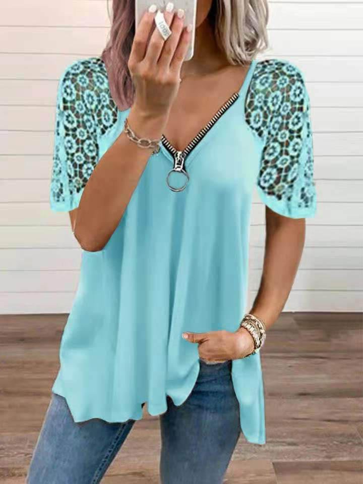 Loose Solid Color Lace Stitching T-shirt - T-shirts - INS | Online Fashion Free Shipping Clothing, Dresses, Tops, Shoes - 03/06/2021 - Color_Blue - Color_Green