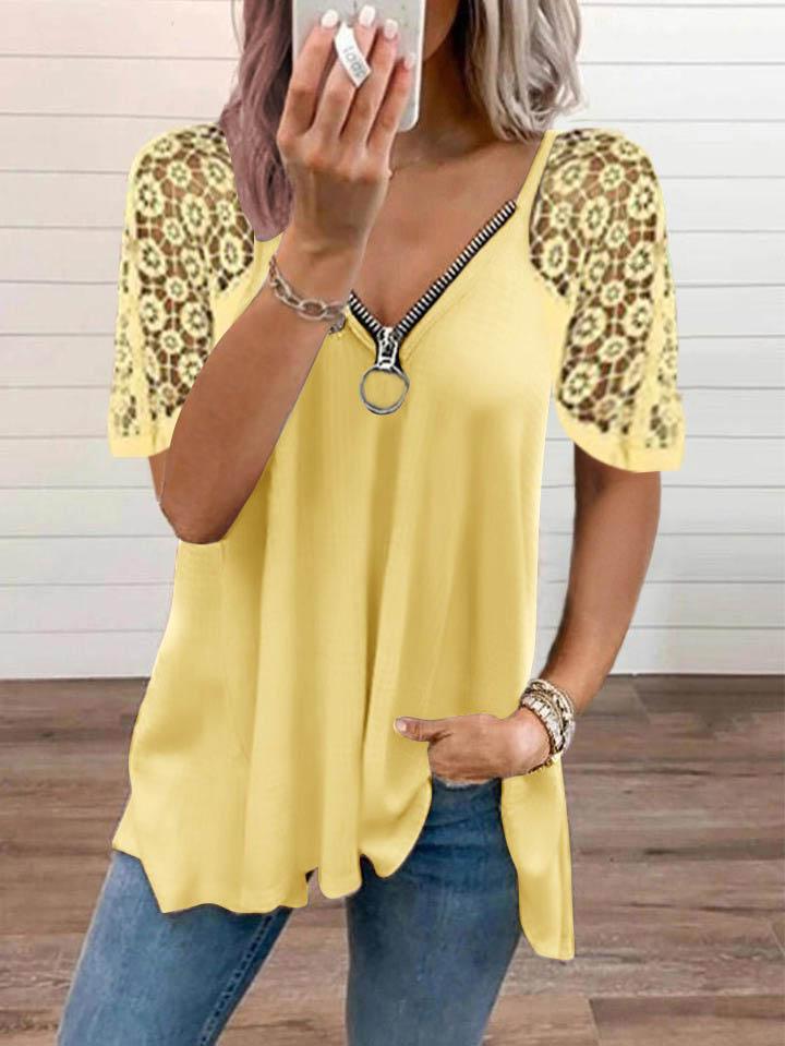 Loose Solid Color Lace Stitching T-shirt - T-shirts - INS | Online Fashion Free Shipping Clothing, Dresses, Tops, Shoes - 03/06/2021 - Color_Blue - Color_Green