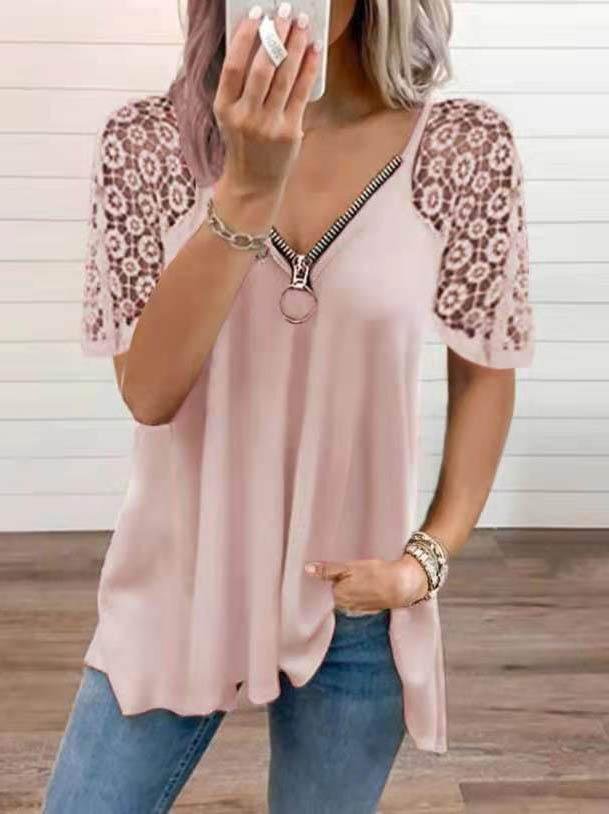 Loose Solid Color Lace Stitching T-shirt - T-shirts - INS | Online Fashion Free Shipping Clothing, Dresses, Tops, Shoes - 03/06/2021 - Color_Blue - Color_Green