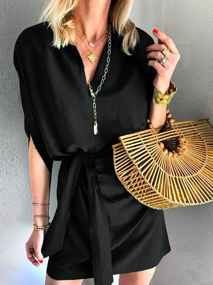 Loose Solid Color V-neck Dress - Mini Dresses - INS | Online Fashion Free Shipping Clothing, Dresses, Tops, Shoes - 09/06/2021 - Color_Black - Color_Green