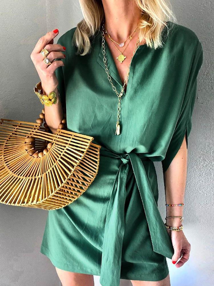Loose Solid Color V-neck Dress - Mini Dresses - INS | Online Fashion Free Shipping Clothing, Dresses, Tops, Shoes - 09/06/2021 - Color_Black - Color_Green