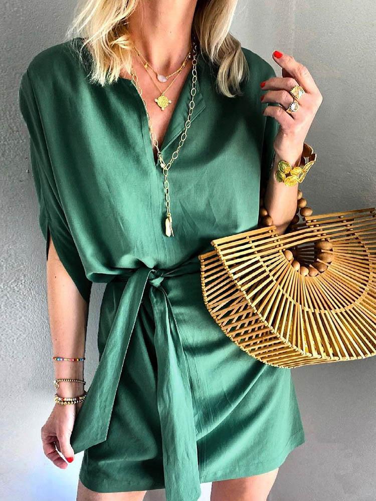Loose Solid Color V-neck Dress - Mini Dresses - INS | Online Fashion Free Shipping Clothing, Dresses, Tops, Shoes - 09/06/2021 - Color_Black - Color_Green