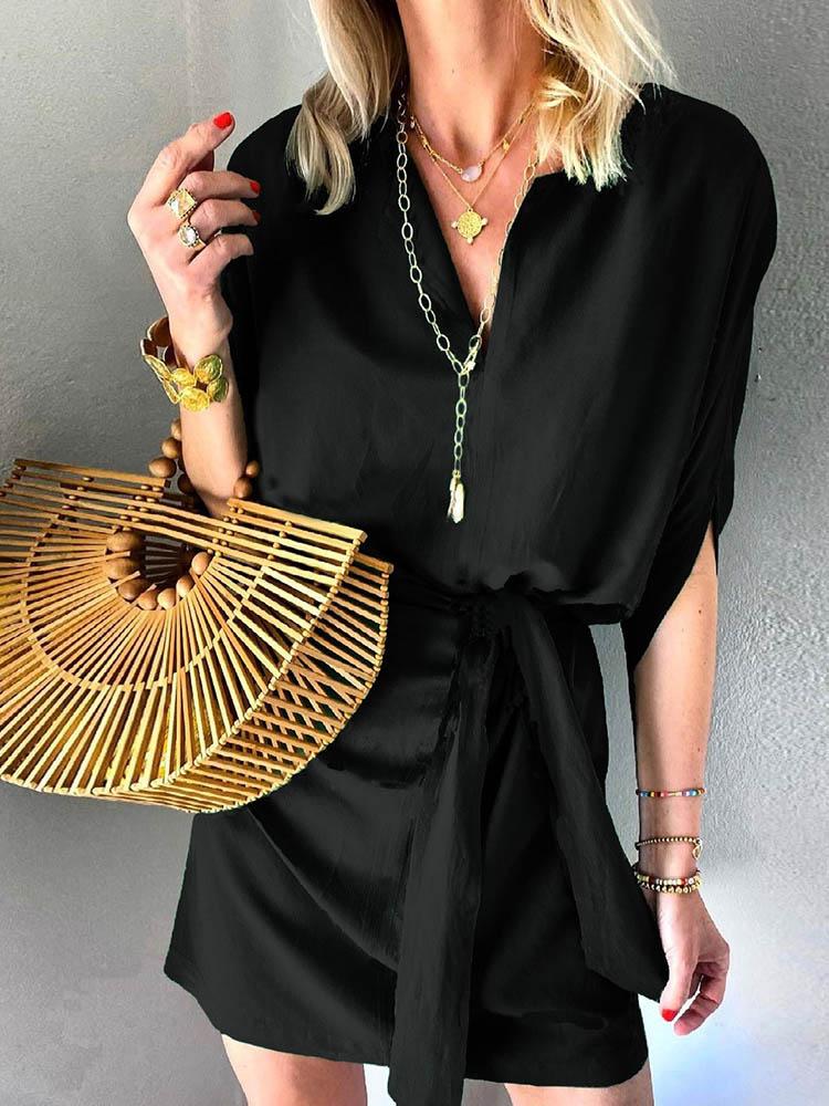 Loose Solid Color V-neck Dress - Mini Dresses - INS | Online Fashion Free Shipping Clothing, Dresses, Tops, Shoes - 09/06/2021 - Color_Black - Color_Green