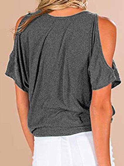 Loose Solid V-Neck Off The Shoulder Short Sleeve T-Shirt - T-Shirts - INS | Online Fashion Free Shipping Clothing, Dresses, Tops, Shoes - 05/07/2021 - 10-20 - Category_T-Shirts