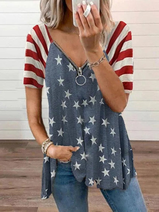Loose Star Print Zipper V-neck Short-sleeved T-shirt - T-shirts - INS | Online Fashion Free Shipping Clothing, Dresses, Tops, Shoes - 24/05/2021 - Color_Gray - LXQ